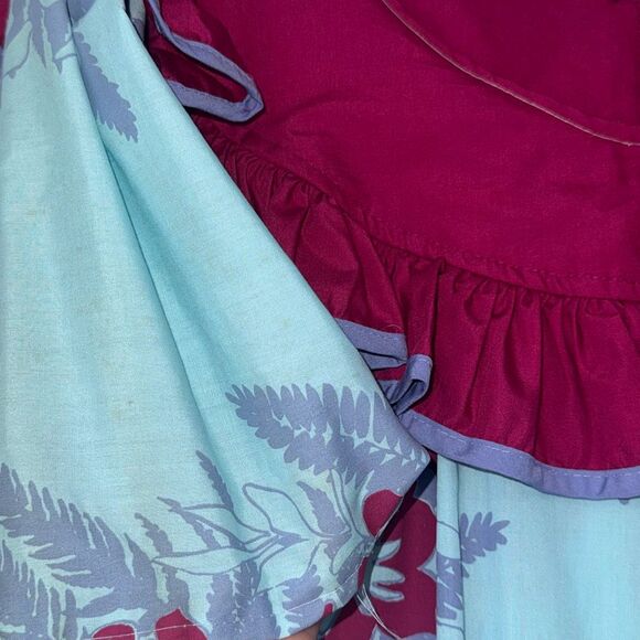 Vintage Mamo Howell MuuMuu Dress Maroon And Blue Ruffle Hawaiian Print Signed 16 - Picture 3 of 9